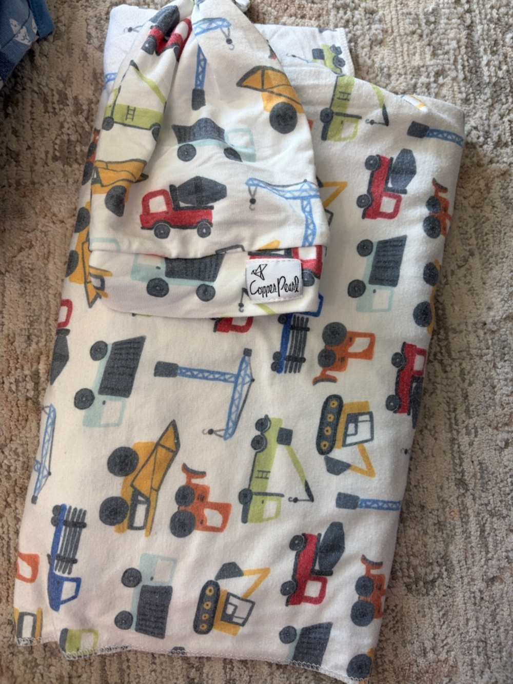 Copper Pearl Baby Swaddle & Hat - Construction Vehicles Print